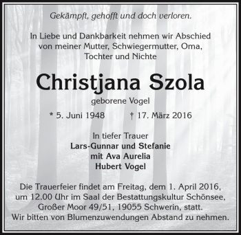 Traueranzeige von Christjana Szola (geb. Vogel)  von Magdeburger Volksstimme