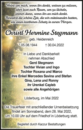 Traueranzeige von Christl Hermine Stegmann (geb. Heidenreich)  von Magdeburger Volksstimme