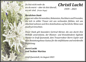 Traueranzeige von Christl Lucht  von Magdeburger Volksstimme