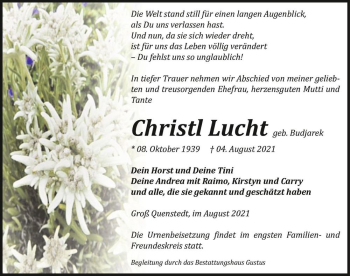 Traueranzeige von Christl Lucht (geb. Budjarek)  von Magdeburger Volksstimme