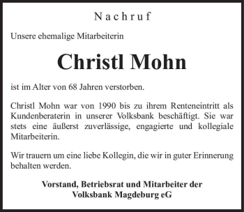 Traueranzeige von Christl Mohn  von Magdeburger Volksstimme