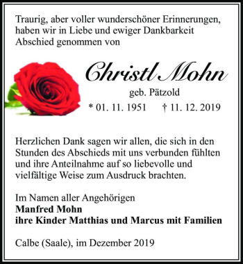 Traueranzeige von Christl Mohn (geb. Pätzold)  von Magdeburger Volksstimme