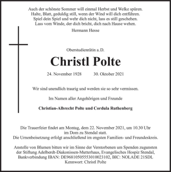 Traueranzeige von Christl Polte  von Magdeburger Volksstimme