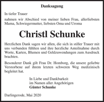 Traueranzeige von Christl Schunke  von Magdeburger Volksstimme