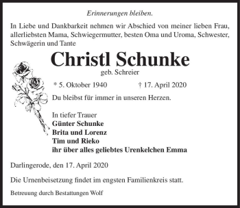 Traueranzeige von Christl Schunke (geb. Schreier)  von Magdeburger Volksstimme
