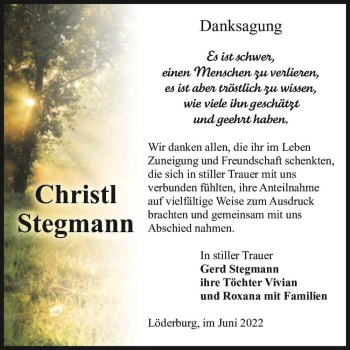 Traueranzeige von Christl Stegmann  von Magdeburger Volksstimme