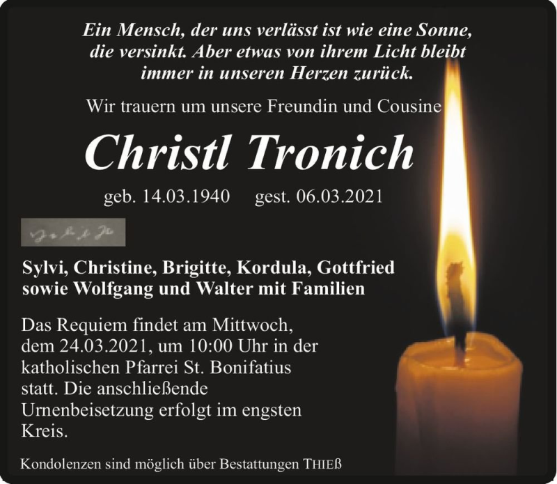  Traueranzeige für Christl Tronich  vom 13.03.2021 aus Magdeburger Volksstimme