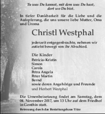 Traueranzeige von Christl Westphal  von Magdeburger Volksstimme