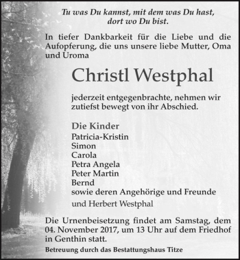 Traueranzeige von Christl Westphal  von Magdeburger Volksstimme