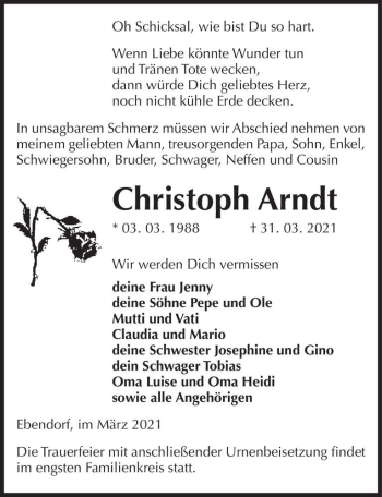 Traueranzeige von Christoph Arndt  von Magdeburger Volksstimme