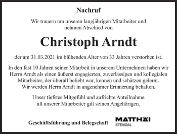 Traueranzeige von Christoph Arndt  von Magdeburger Volksstimme