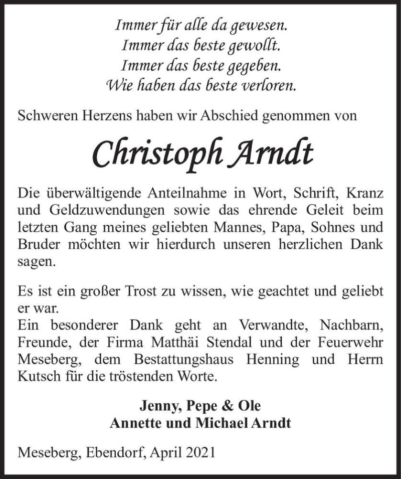 Traueranzeige für Christoph Arndt  vom 30.04.2021 aus Magdeburger Volksstimme
