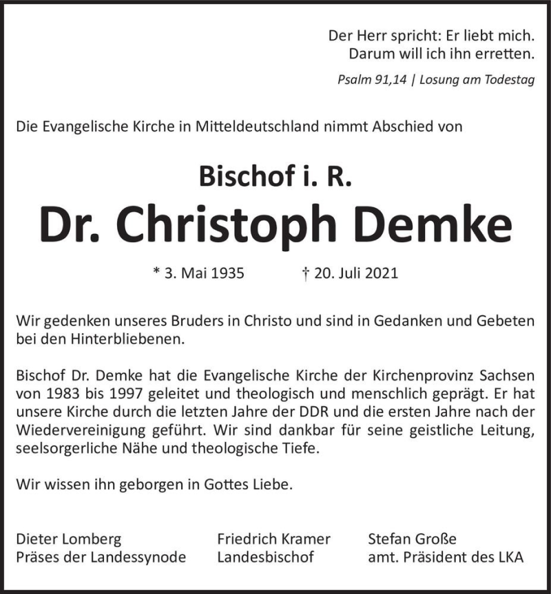  Traueranzeige für Christoph Demke  vom 24.07.2021 aus Magdeburger Volksstimme