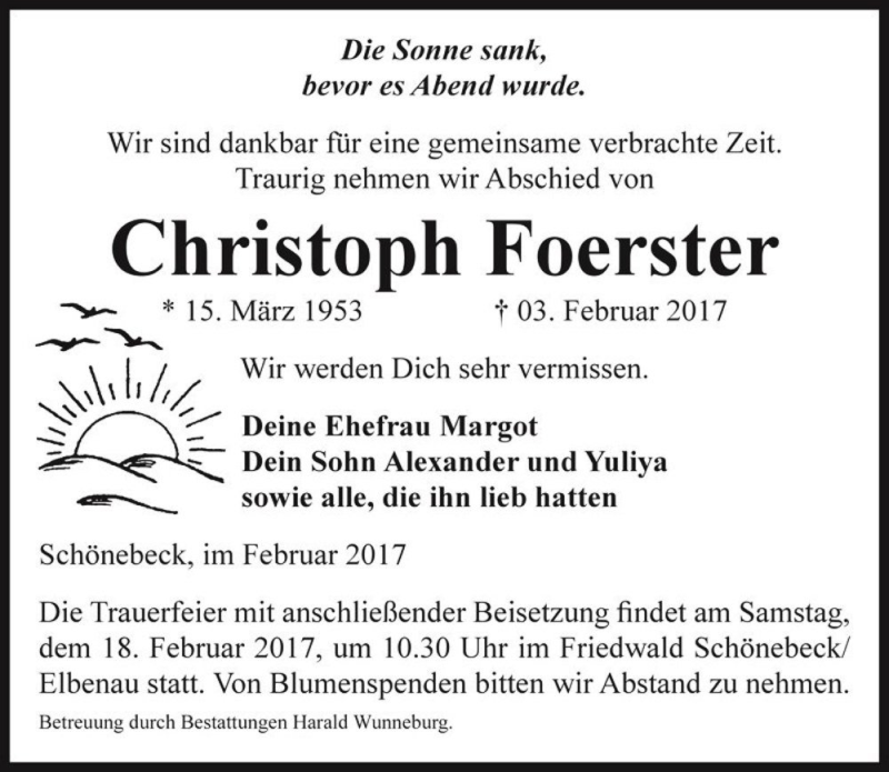  Traueranzeige für Christoph Foerster  vom 11.02.2017 aus Magdeburger Volksstimme