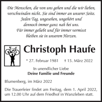 Traueranzeige von Christoph Haufe  von Magdeburger Volksstimme
