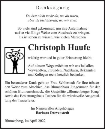 Traueranzeige von Christoph Haufe  von Magdeburger Volksstimme