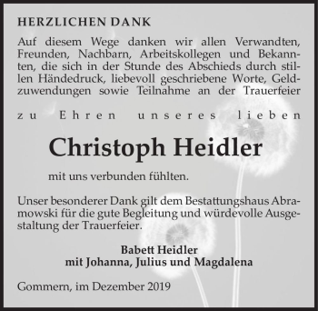 Traueranzeige von Christoph Heidler  von Magdeburger Volksstimme