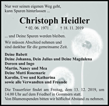 Traueranzeige von Christoph Heidler  von Magdeburger Volksstimme