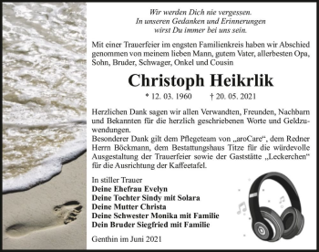 Traueranzeige von Christoph Heikrlik  von Magdeburger Volksstimme