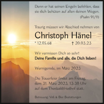 Traueranzeige von Christoph Hänel  von Magdeburger Volksstimme