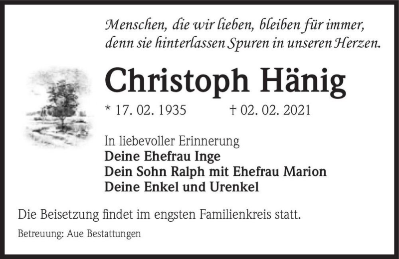  Traueranzeige für Christoph Hänig  vom 13.02.2021 aus Magdeburger Volksstimme