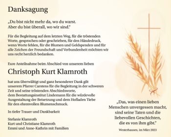 Traueranzeige von Christoph Kurt Klamroth  von Magdeburger Volksstimme
