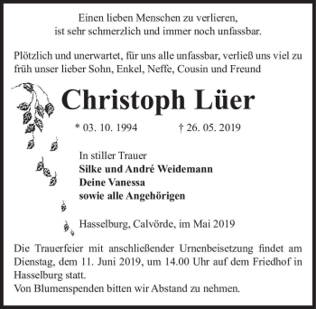 Traueranzeige von Christoph Lüer  von Magdeburger Volksstimme