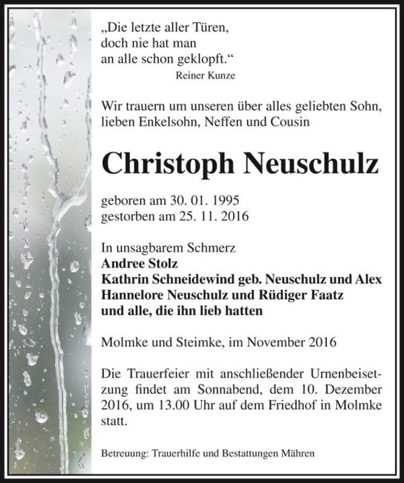  Traueranzeige für Christoph Neuschulz  vom 01.12.2016 aus Magdeburger Volksstimme