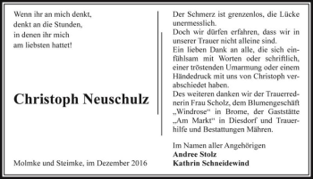 Traueranzeige von Christoph Neuschulz  von Magdeburger Volksstimme