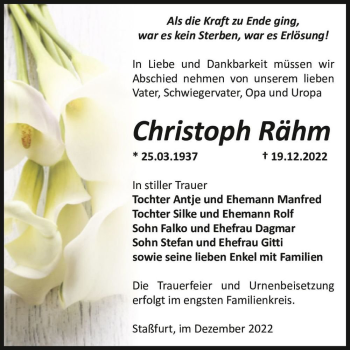 Traueranzeige von Christoph Rähm  von Magdeburger Volksstimme