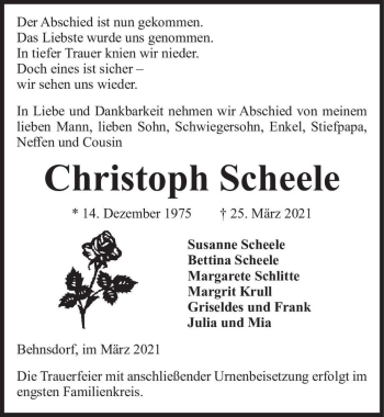 Traueranzeige von Christoph Scheele  von Magdeburger Volksstimme