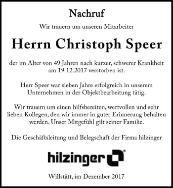 Traueranzeige von Christoph Speer  von Magdeburger Volksstimme
