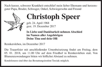 Traueranzeige von Christoph Speer  von Magdeburger Volksstimme