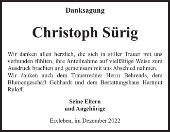 Traueranzeige von Christoph Sürig  von Magdeburger Volksstimme