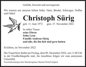 Traueranzeige von Christoph Sürig  von Magdeburger Volksstimme