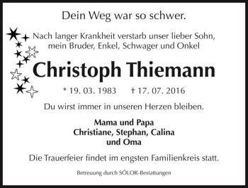 Traueranzeige von Christoph Thiemann  von Magdeburger Volksstimme