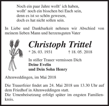 Traueranzeige von Christoph Trittel  von Magdeburger Volksstimme
