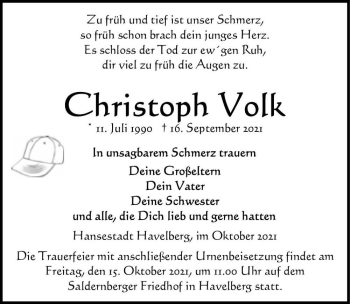 Traueranzeige von Christoph Volk  von Magdeburger Volksstimme