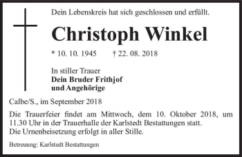 Traueranzeige von Christoph Winkel  von Magdeburger Volksstimme