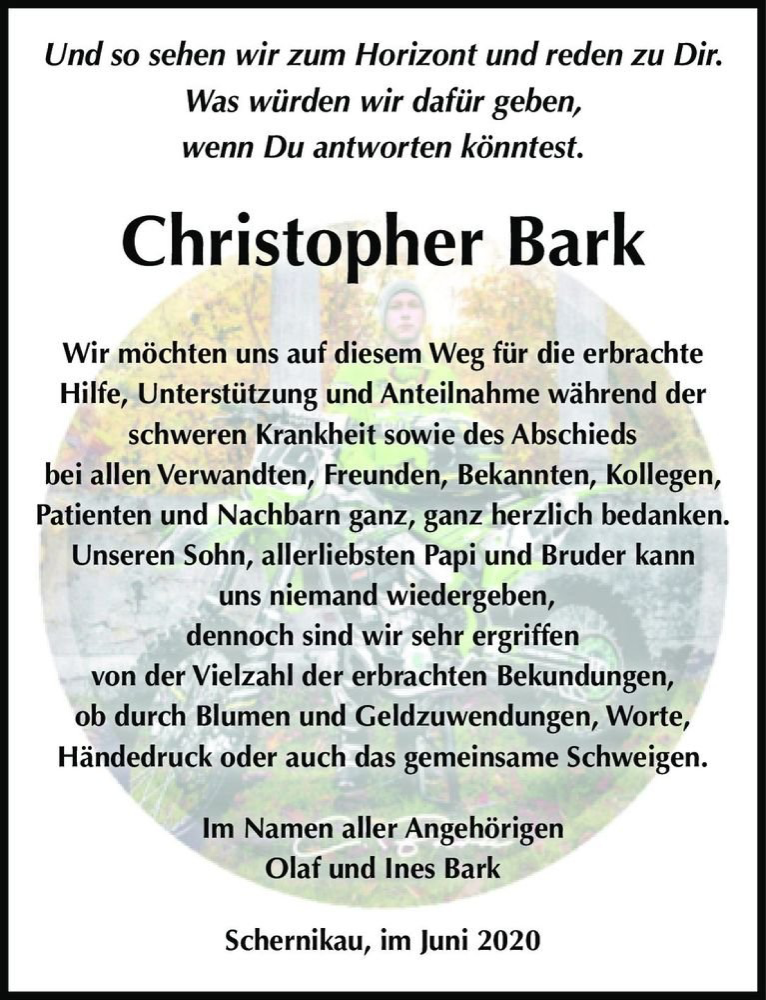  Traueranzeige für Christopher Bark  vom 06.06.2020 aus Magdeburger Volksstimme