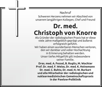 Traueranzeige von Christoph von Knorre  von Magdeburger Volksstimme