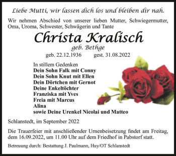 Traueranzeige von Chrísta Kralisch (geb. Bethge)  von Magdeburger Volksstimme