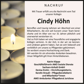 Traueranzeige von Cindy Höhn  von Magdeburger Volksstimme