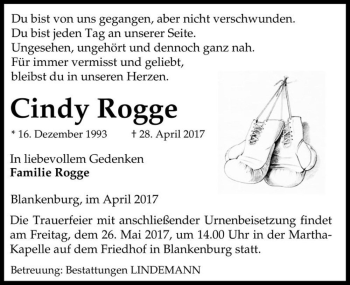 Traueranzeige von Cindy Rogge  von Magdeburger Volksstimme
