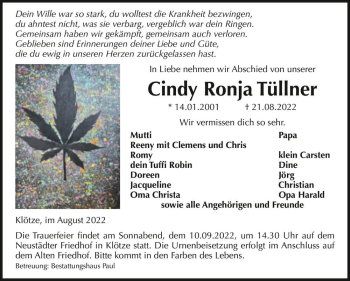 Traueranzeige von Cindy Ronja Tüllner  von Magdeburger Volksstimme
