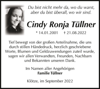 Traueranzeige von Cindy Ronja Tüllner  von Magdeburger Volksstimme