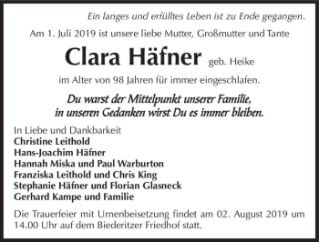 Traueranzeige von Clara Häfner (geb. Heike)  von Magdeburger Volksstimme