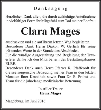 Traueranzeige von Clara Mages  von Magdeburger Volksstimme