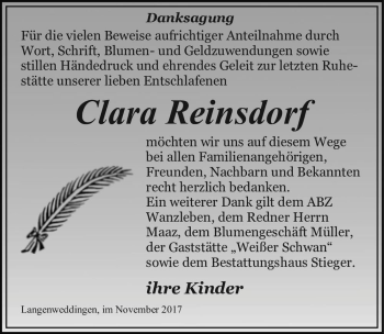 Traueranzeige von Clara Reinsdorf  von Magdeburger Volksstimme