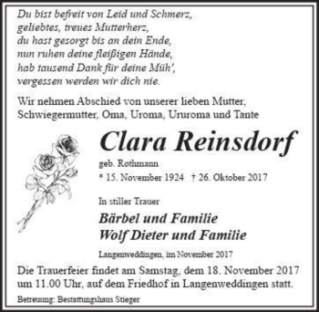 Traueranzeige von Clara Reinsdorf (geb. Rothmann)  von Magdeburger Volksstimme